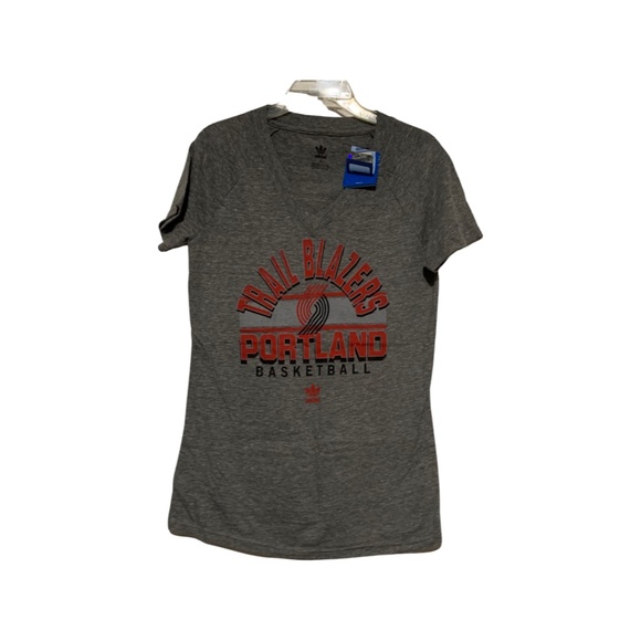 adidas Tops - Women’s Adidas NBA Portland Trail Blazers Football Stripe Tee in Grey Sz LG NWT